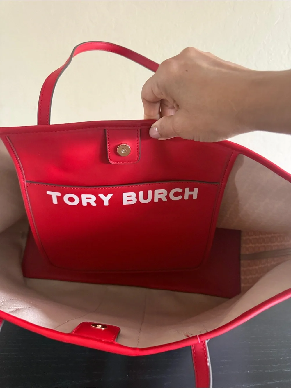 Tory Burch Gemini Link Canvas Tote Bag Red White Striped Like New
